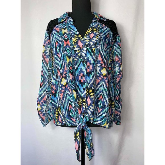 No Boundaries Blouse Lace Shoulders and Backing Tie Front Multicolor Pattern - Picture 1 of 8